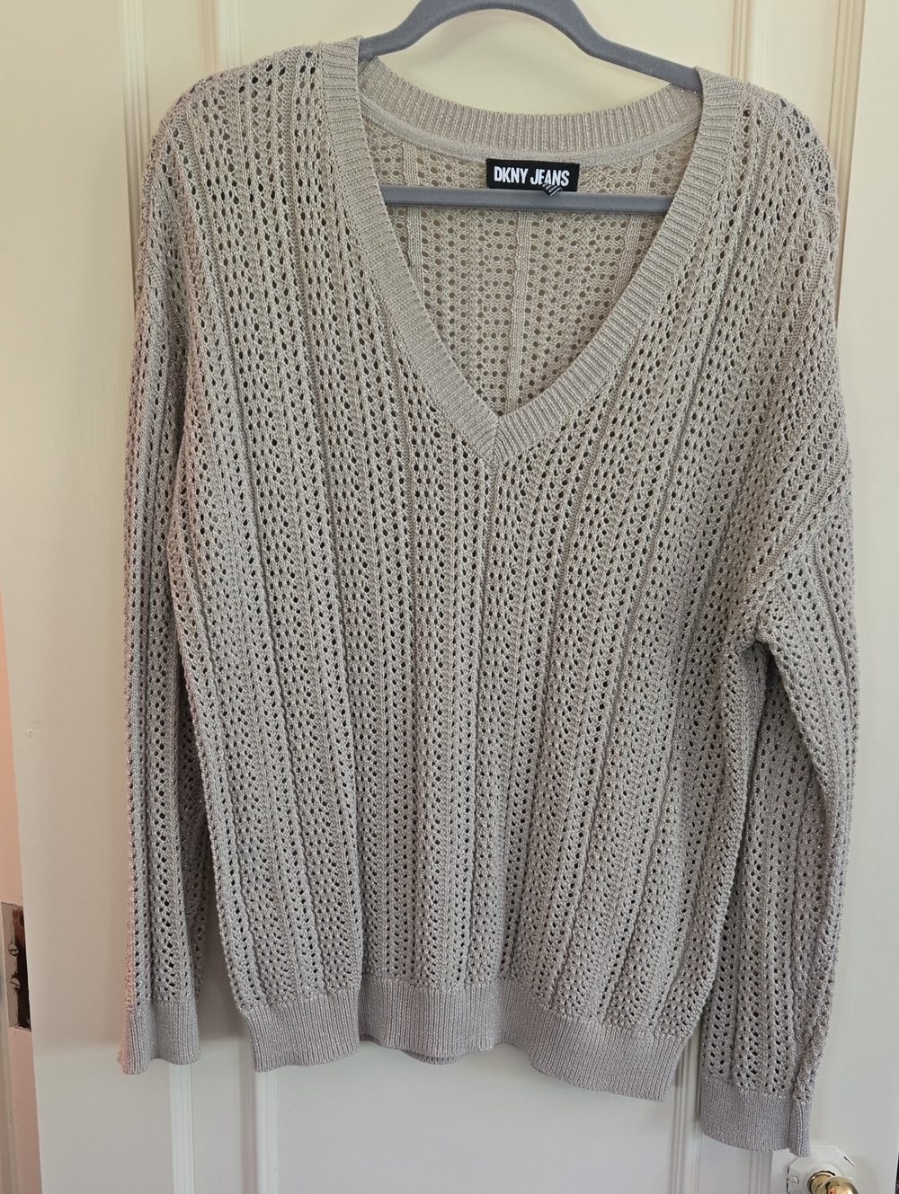 Dkny Women's V-Neck Open-Knit Sweater — Light Taupe Large